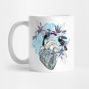 Human anatomical heart with flowers and two toucan birds Mug